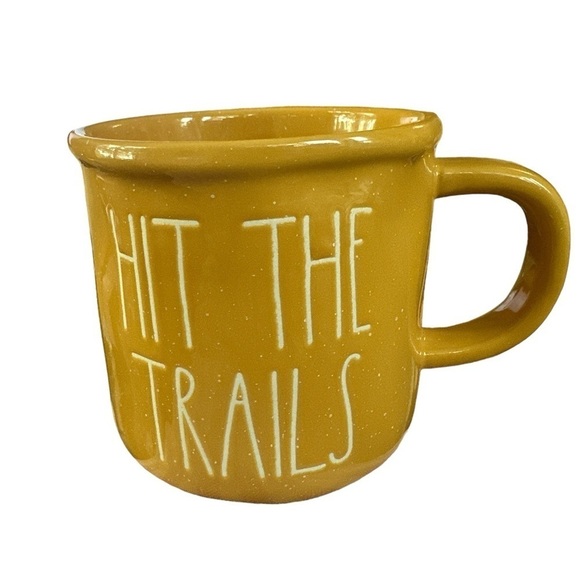 Rae Dunn yellow gold HIT THE TRAILS NWOT mug coffee cup Large 24 ounces camping - Picture 1 of 3